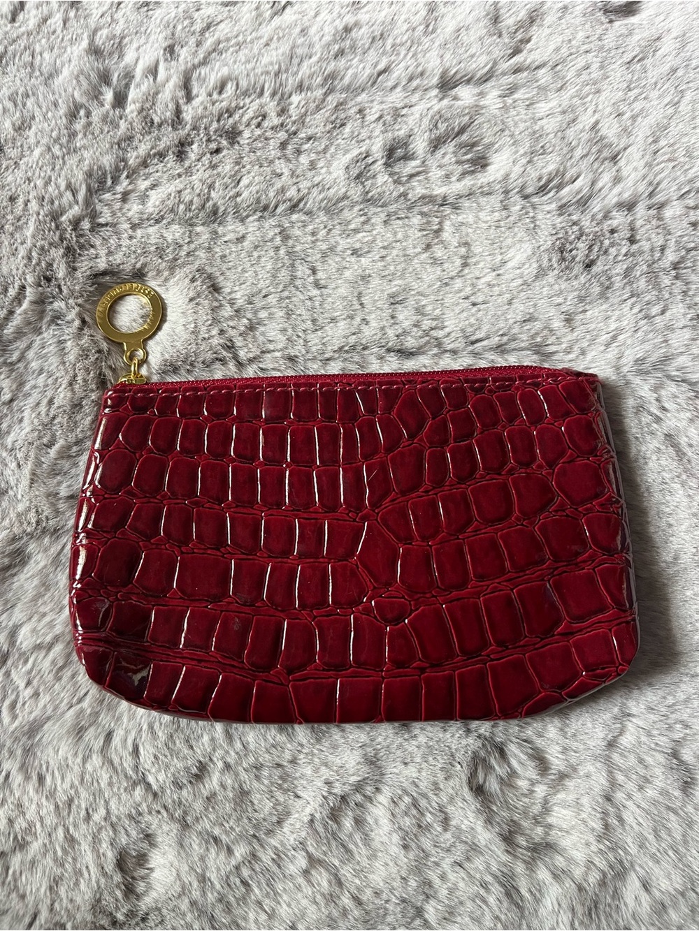 Estee Lauder Burgundy Croc-Embossed Glossy Zip Pouch with Gold Ring